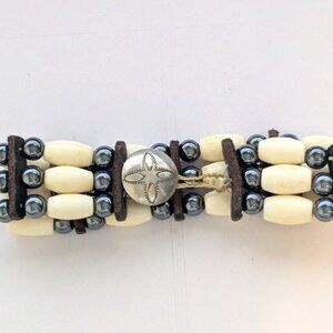 Vintage Artisan Bone Hematite Leather Native Tribal Bracelet